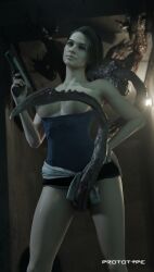 1girls 3d 3d_(artwork) 3d_model 3d_render bob_cut breasts breasts_out brown_hair cleavage female gun jill_valentine jill_valentine_(sasha_zotova) licker_(resident_evil) long_tongue looking_at_viewer memz3d miniskirt mokujin_hornywood monster monster_on_female pistol prototype_(artist) resident_evil resident_evil_3_remake short_hair sinthetic skirt smile smiling tongue tubetop weapon