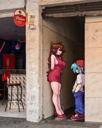 against_wall alleyway_milf_(meme) big_ass big_breasts blue_hair blushing boyfriend_(friday_night_funkin) brown_hair colombia couple_(romantic) curvy_female fnf friday_night_funkin girlfriend_(friday_night_funkin) hands_on_pockets imminent_sex long_hair medellin,_colombia meme no_sex pilsen_callao red_dress sideboob size_difference smaller_male smiling_at_partner staring_at_another taller_female tight_dress trend