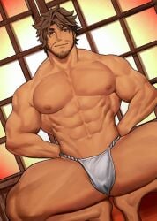 1boy abs balls_under_clothes bara beard_stubble beefy biceps big_areola breasts broad_shoulders brown_eyes brown_hair bulge bulge_through_clothing crouching curved_to_the_right_penis daddy dilf dutch_angle edited flaccid fundoshi fundoshi_only gay genital_outline hands_behind_head hi_res hunk inviting japanese_clothes japanese_house looking_at_viewer male male_only manly mature_male moobs muscles muscular muscular_arms muscular_legs muscular_male muscular_neck muscular_thighs mustache_stubble navel nikuo_(29niku) no_body_hair original original_character pecs quadriceps rokushaku_fundoshi short_hair six_pack sliding_doors smile smirk solo spread_legs squatting thick thick_legs thick_thighs thighs_bigger_than_head topless tough_guy triceps white_fundoshi yaoi