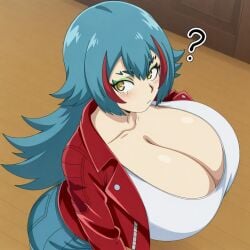 1girl ai_generated anime at bend beyblade beyblade_burst big blue breasts breasts_bigger_than_head crysnickel curvy denim eyes eyeshadow facing female focus front gigantic green hair ilya_mao indoors jacket leather long looking over red shirt shorts sidelocks solo stripe style view viewer waist white yellow