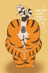 2026 anthro anus big_anus biped black_claws bodily_fluids brown_stripes brown_tail brown_tail_tip butt claws dialogue digital_media_(artwork) dipstick_tail dreamworks dripping english_text feet felid female female_anthro female_only finger_claws fingers fur genital_fluids genitals gesture grey_anus heart_symbol hewa hi_res kung_fu_panda legs_together mammal markings master_tigress meme multicolored_body multicolored_fur multicolored_tail musk musk_cloud nude nude_anthro nude_female orange_background orange_body orange_fur pantherine praise_da_booty_(meme) presenting presenting_anus presenting_hindquarters presenting_vulva rear_view simple_background solo speech_bubble striped_body striped_fur striped_markings striped_tail stripes tail tail_gesture tail_heart tail_markings text tiger toeless_(marking) toes vaginal_fluid_drip vaginal_fluids vulva white_body white_fur white_tail