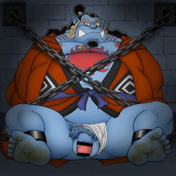 1boy anthro balls bara bare_breasts barefoot belt big_areola big_balls big_glans big_penis big_teeth black_hair blue_balls blue_body blue_penis breasts brick_wall censor_bar censored censored_penis chained chains chasenmage chubby clenched_teeth curly_hair dirty_feet erect_nipples excessive_pubic_hair fat fishman flaccid forced_exposure foreskin foreskin_folds frown full_body fundoshi fundoshi_aside furry gay goatee half-closed_eyes hi_res humanoid humanoid_penis humiliation impel_down imprisoned jail japanese_clothes jinbe kimono long_hair looking_down male male_breasts male_only mature_male moobs multicolored_hair navel obese one_piece pecs penis pink_areola pointless_censoring pointy_ears pre-timeskip prisoner pubic_hair pubic_tuft red_glans restrained restrained_feet retracted_foreskin rokushaku_fundoshi scar scar_across_eye scar_on_face shackles sharp_teeth sitting soles solo spread_legs tattoo tattoo_on_chest tattoo_on_stomach teeth_showing thick thick_legs thick_penis thick_thighs toes two-tone_hair uhokue uncircumcised uncut vignette white_fundoshi wince yaoi yellow_hair yukata
