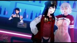 3d 3girls ahoge arm_around_shoulders big_breasts black_hair bottomless breasts dana_zane fate/grand_order fate_(series) female female_only happy julianne_stingray koikatsu laugh laughing light-skinned_female light_skin long_hair oda_nobunaga_(fate) oda_nobunaga_(swimsuit_berserker)_(fate) open_mouth partially_clothed spiritofrei twintails underwear uniform va-11_hall-a white_hair