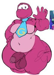 2026 absurd_res accessory anthro dinosaur freeposers freeposers_(artist) gameoverse genitals glitch_productions gobbles_(gameoverse) hi_res humanoid_genitalia humanoid_hands humanoid_penis male moobs navel necktie overweight overweight_male penis pink_body prehistoric_species reptile scalie slightly_chubby solo solo_male standing