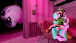 3boys 3d 3d_(artwork) anal anal_sex balls blue_body boo_(mario) bottomless bottomless_male brown_hair clothing couch covering_mouth crown erection facial_hair feet gay gay_sex genitals ghost gloves green_hat green_shirt hat humanoid indoors interspecies king king_boo light-skinned_male light_skin luigi luigi's_mansion male male/male male_only mario_(series) mature mature_male nintendo open_mouth penis penis_in_anus purple_eyes royalty sex shirt shoes short_hair teeth testicles white_body xabinotter yaoi