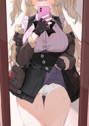1girls basti_(girls'_frontline_2) big_breasts blush breasts brown_hair cellphone clothing feet_out_of_frame female female_only flashing flashing_panties fully_clothed girls'_frontline girls'_frontline_2:_exilium holding_phone jacket large_breasts lifted_by_self long_hair mirror mirror_selfie mk23_(girls'_frontline) panties pharetra_third selfie shirt skirt skirt_lift smartphone sweat sweatdrop yanagui yanagui_yugi