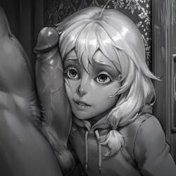 1boy 1girl ai_generated big_eyes blowjob, dark-skinned_male greyscale monochrome olya_petrova penis penis_on_face size_difference tiny_bunny twintails white_hair