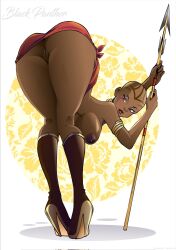 1girls african african_female ass ass_up bald bald_female bent_over big_ass big_breasts black_panther_(series) boots breasts brown_eyes brown_nipples bubble_butt butt dark-skinned_female dark_skin female female_only high_heel_boots high_heels large_breasts marvel nipples no_panties okoye pussy solo solo_female spear tlalockarte weapon