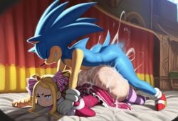 ai_generated tagme 2026 bigtub7775 1girls 1boy anthro anthro_on_human fur blue_fur sonic_(series) sega sonic_the_hedgehog crossover beatrice_(re:zero) re:zero_kara_hajimeru_isekai_seikatsu sex interspecies prone_bone cum cum_inside