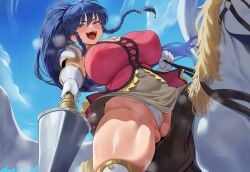 1girls ai_generated blue_eyes blue_hair cocky_smile fire_emblem fire_emblem:_the_sacred_stones large_breasts spear tagme tana_(fire_emblem) tharkica thick_thighs white_panties