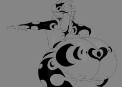 original original_character oc heavensthroat 2025 2d 2d_(artwork) 2d_artwork simple_background greyscale goat goat_boy goat_humanoid floppy_ears goat_horns 1boy male_only solo solo_focus solo_male tongue_out eyelashes body_markings heart_symbol big_ass ass_bigger_than_head cellulite sharp_claws one_eye_obstructed thick_thighs