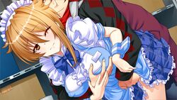 1boy bent_over blonde_hair bowtie breast_grab breasts erect_nipples female fingering game_cg highres hiiragi_chihaya large_breasts legs looking_at_viewer magical_kanan magical_kanan_2:_hiiro_no_bergamot maid maid_headdress orange_eyes short_hair skirt sweat thighs wince wrist_cuffs yokota_mamoru