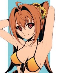 1girl :3 ahoge armpits arms_behind_head bare_arms bikini black_ribbon black_trim blue_background border breasts brown_hair cleavage collarbone eiyuu_densetsu estelle_bright eyebrows_hidden_by_hair female female_only flower front-tie_bikini_top front-tie_top hair_between_eyes hair_flower hair_intakes hair_ornament halterneck large_breasts long_hair looking_at_viewer medium_hair moshimoshibe orange_bikini outside_border pillarboxed red_eyes ribbon sideboob simple_background smile solo sora_no_kiseki sunflower swimsuit trails_in_the_sky twintails upper_body very_long_hair white_border yellow_flower