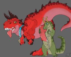 alligator alligatorid animal_genitalia anthro benji_(artist) benji_alligator_(benji) bodily_fluids cloaca collar crocodilian cum devil_dinosaur dinosaur duo feral genital_fluids genitals green_body green_scales hi_res male male/male marvel penis prehistoric_species red_body red_scales reptile scales scalie tongue tongue_out