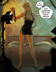 1girls bed bedroom blonde_hair blush dialogue dress female ganassa high_heels lingerie long_hair panties pillow solo standing