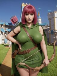 scarlett_johansson archer_(clash_of_clans) archer_(clash_royale) live_action actress character real_person based_on_a_real_person realistic clash_(series) clash_royale video_games video_game_character video_game fictional fictional_and_real concept cosplay celebrity 1girls 1girl woman woman_only female female_only female_focus pov looking_at_viewer sexy provocative tight_clothing ai_generated ai_assisted edit edited grok gemini shyguy97 enormous_breasts saggy_breasts natural_breasts breasts nipples nipples_visible_through_clothing belly chubby chubby_female curvy curvy_female voluptuous voluptuous_female thick_thighs thick_ass massive_ass hand_on_hip bow arrow green_clothing dress pink_hair short_hair serious milf milf_body mommy arena
