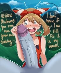 1boy 1girls 2025 big_penis blue_eyes blush brown_hair dialogue english_text erect_penis female female_focus forearm_cock generation_1_pokemon hair_ribbon hi_res huge_cock human imminent_sex it'll_never_fit looking_at_penis machamp male may_(pokemon) nintendo open_mouth penis penis_awe pokemon pokemon_(species) pokemon_rse pokephilia s0_underrated speech_bubble text uncensored worried worried_expression