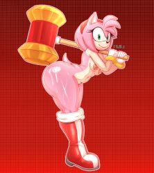 1lastshadow1 accessory amy_rose anthro big_butt boots bracelet breasts butt clothing eulipotyphlan eyelashes female footwear glistening glistening_body gloves hair_accessory hairband hammer handwear hedgehog hi_res jewelry leaning leaning_forward mammal mostly_nude_female red_background sega shoes simple_background smile solo sonic_(series) sonic_the_hedgehog_(series) tail tools