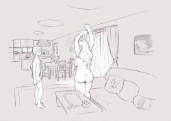 1boy 1girl age_difference arms_up ass back barefoot blush breasts caracol ceiling ceiling_light chair coffee_table completely_nude couch curtains cushion door drill_hair drill_sidelocks erection full_body glasses hetero incest indoors large_breasts legs_together long_hair medium_breasts mother_and_child mother_and_son nude older_female older_female_and_younger_male original painting_object parent_and_child penis plump rug short_hair sidelocks size_difference smile standing table uncensored window young younger_male