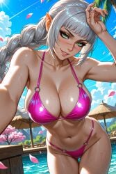 1girls ai_generated baldur's_gate baldur's_gate_3 bikini braided_hair colorful elf_female female female_only green_eyes looking_at_viewer medium_breasts outdoors pointy_ears pool scar seductive shadowheart sky smile solo standing teasing water white_hair