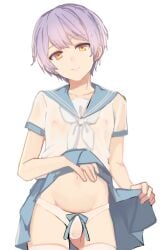 1boy androgynous ass_visible_through_thighs blue_ribbon blue_sailor_collar blue_skirt bow bow_panties bulge closed_mouth clothes_lift collarbone commentary_request covered_nipples crossdressing crossdressing_(mtf) dot_nose hands_up head_tilt highres looking_at_viewer male_focus midriff navel neckerchief orange_eyes original panties partial_commentary pleated_skirt purple_hair purple_hair_boy_(sunaba_(nczd5875)) ribbon sailor_collar see-through_clothes see-through_panties see-through_shirt shirt short_hair short_sleeves skirt skirt_lift smile solo sunaba_(nczd5875) thighhighs thighs trap underwear white_neckerchief white_panties white_shirt white_thighhighs