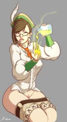 biting_lip brown_eyes brown_hair cropped_legs female glasses grey_background guildmarm_(monster_hunter) hat jar monster_hunter monster_hunter_4 no_panties pussy short_hair shorts shorts_down simple_background sitting slime solo svenners