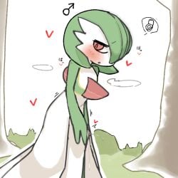 1:1 2026 aroused barely_visible_genitalia barely_visible_penis blush bodily_fluids breath chest_spike digital_drawing_(artwork) digital_media_(artwork) femboy gardevoir generation_3_pokemon genital_fluids genitals grass green_body half-closed_eyes hearts_around_body hi_res humanoid japanese_text leaking_precum looking_back male male_gardevoir male_humanoid multicolored_body narrowed_eyes nintendo one_eye_obstructed panting penis plant pokemon pokemon_(species) precum purupuwa red_eyes shaded side_view simple_background slim slim_humanoid slim_male soft_shading solo spikes spikes_(anatomy) text tree two_tone_body walking white_background white_body