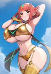 1girl alternate_breast_size_(larger) bare_shoulders bikini blue_sky blush bob_cut breasts closed_mouth cloud commentary_request curvy earrings floating_earrings garter_straps gloves gold_bikini gold_gloves gold_thighhighs gonzarez headpiece highres huge_breasts jewelry looking_at_viewer narrow_waist navel outdoors pyra pyra_(xenoblade) red_eyes red_hair short_hair sky smile solo stomach swept_bangs swimsuit thick_thighs thighhighs thighs tiara wide_hips xenoblade_(series) xenoblade_chronicles_2