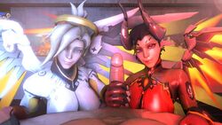 2girls 3d alternate_costume angel animated blizzard_entertainment cum cumshot demon devil_mercy female_focus fire handjob imp mercy mr_safety no_sound overwatch ruined_orgasm sly_cooper smooth_fur tagme video wings