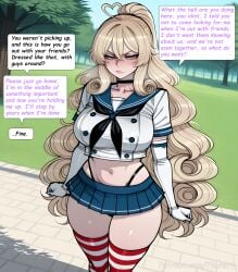 1female 1girl 1girls 2026 absurdres aesthetic ahoge ai_generated angry anime anime_style beautiful beautiful_female beautiful_girl big_ass big_breasts bitch black_choker black_neckerchief black_panties blonde_hair blue_eyes blue_sailor_collar blue_skirt blurred_background blurry blurry_background blush blush_lines blushing blushing_female breasts bubble_ass bubble_butt choker clenched_hands closed_mouth collarbone comic comic_page comic_panel comic_strip cosplay cover_page crop_top cropped_shirt curly_hair curvy curvy_body curvy_female curvy_figure curvy_hips curvy_thighs cute cute_face dialogue digital_art digital_painting elbow_gloves english english_dialogue english_text female female_only glaring gloves hair_between_eyes heart heart_ahoge high_ponytail high_quality highleg highleg_panties highres huge_breasts khalys_(phanary) large_ass large_breasts line_art long_comic long_hair looking_at_viewer microskirt midriff miniskirt multiple_panels navel neckerchief oc original original_character outdoors panties panty_straps patreon patreon_link patreon_username phanary pleated_skirt ponytail sailor_collar school_uniform serafuku sexy sexy_body sexy_female sexy_pose shimakaze_(kancolle)_(cosplay) shimakaze_(kantai_collection)_(cosplay) shirt short_sleeves skirt slut soft_shading solo solo_focus speech_bubble standing striped_clothes striped_thighhighs text text_box text_bubble text_focus thick thick_thighs thighhighs thighs thong tree tsundere underwear very_long_hair white_gloves white_shirt wide_hips
