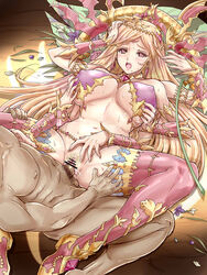 1boy blonde_hair blush breasts censored clothed_female_nude_male earrings erect_nipples female highres jewelry kali_(p&d) large_breasts lips long_hair multi_arm multi_limb open_mouth penis petals pink_eyes pink_legwear pubic_hair pussy puzzle_&_dragons sex solo_focus spread_legs straight thighhighs tsuwabuki-san vaginal_penetration