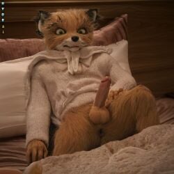 ai_generated anthro ash_fox_(fantastic_mr._fox) bed bedroom concerned erection fantastic_mr._fox fox furry furry_only gay green_eyes hydrai male male_only orange_fur