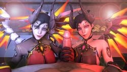 1boy 2girls 3d alternate_costume angel animated black_hair blizzard_entertainment cum cumshot demon devil_mercy female_focus fire handjob imp imp_mercy mercy mr_safety no_sound overwatch straight tagme threesome video wings