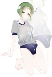 gym_uniform buruma male male_only bulge twink headband green_hair green_eyes sidelocks kneeling full_body feet barefoot wet_clothes nipples_visible_through_clothing see-through_clothing sweatdrop erect_nipples pale_skin pale-skinned_male erect_nipples_under_clothes nipples nipple_bulge thick_thighs jeongsua257010 made_in_abyss torka
