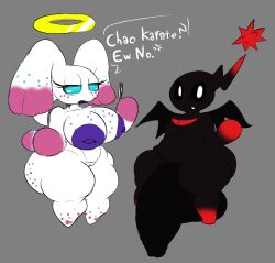 areola balls big_balls big_breasts big_butt big_penis black_body blue_eyes breasts butt cellphone chao_(sonic) dark_chao duo electronics english_text female flaccid genitals genki_diama half-closed_eyes hero_chao holding_cellphone holding_object holding_phone huge_balls huge_penis humanoid latluxlula looking_at_viewer male narrowed_eyes nipples nude open_mouth penis phone purple_areola purple_nipples sega smile sonic_the_hedgehog_(series) text thick_thighs vulva white_body wide_hips zetsu_bough