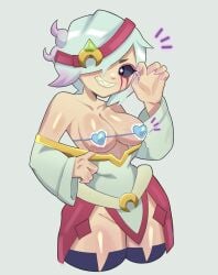 vantenicy void_colette_(brawl_stars) colette_(brawl_stars) brawl_stars tagme white_hair short_hair headgear one_eye_obstructed pink_eyes black_sclera sharp_teeth smile uniform revealing_clothes underwear bikini_top breasts slim_waist wide_hips thick_thighs stockings voluptuous