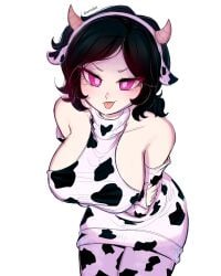 1girls 2d artofjet_(artist) ashley_graves big_breasts black_hair breasts clothed cow_ears cow_girl cow_horns cow_print female female_only horns looking_at_viewer pantyhose pink_eyes solo solo_female the_coffin_of_andy_and_leyley tongue tongue_out
