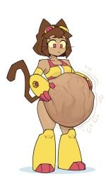 ai_generated anthro cat_ears cat_girl cat_tail cat_whiskers digestion female female_only gameoverse glitch_productions gurgling_belly hands_on_belly holding_belly kit_(gameoverse) looking_down red_eyes red_goggles swimsuit vore vore_belly