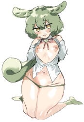 voiceroid voicevox female female_only solo zundamon nikuda2929 small_breasts flat_chest blush large_areolae big_nipples wide_hips yellow_eyes green_hair short_hair kemonomimi panties thick_thighs shiny_skin kneeling full_body open_shirt no_bra navel short_hair_with_long_locks ponytail