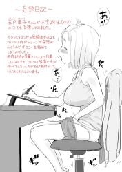 1girl absurdres barefoot breasts chair closed_eyes commentary_request covered_nipples dolphin_shorts drawing_tablet female_masturbation female_pervert from_side greyscale hand_in_own_panties highres holding holding_stylus hood hoodie huge_breasts li_(lithium0522) masturbation monochrome office_chair open_mouth original panties pervert puffy_short_sleeves puffy_sleeves short_shorts short_sleeves shorts sitting solo stylus sweat swivel_chair tank_top translation_request trembling underwear unworn_hoodie