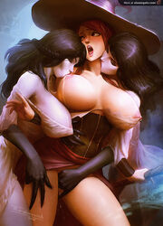 2015 3girls biting_neck black_hair blush breast_sucking breasts brown_eyes brown_hair closed_eyes clothed dragon's_crown dress female female_only fingering hat lactation large_breasts lesbian long_hair masturbation multiple_girls nipple_suck nipples no_panties open_mouth oral pale_skin pussy_juice sleeves sorceress_(dragon's_crown) standing tarakanovich threesome vampire vampire_(dragon's_crown) vanillaware witch_hat young_woman young_woman_and_milf yuri
