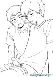 2boys ass_up balls big_dick big_penis black_hair blushing brown_hair cum dick femboy ganbare!_nakamura-kun!! gay gay_sex go_for_it,_nakamura-kun!! go_for_it_nakamura grabbing_penis hairy_penis male male_only mukai_ryou naked nipples no_color no_shirt no_te_rindas_nakamura!! sketch takeuchi_kota yaoi