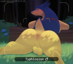 2026 anus artist_name backsack balls berry big_butt blush brown_eyes bubble_butt butt colored coolbirdmanstuff dated digital_drawing_(artwork) digital_media_(artwork) feet food forest forest_background fruit gender_symbol generation_2_pokemon genitals log looking_at_viewer looking_back looking_back_at_viewer low_res lying male male_only male_symbol nintendo on_front perineum plant pokemon pokemon_(species) pokemon_snap rear_view shaded short_tail solo symbol tail text thick_thighs tree typhlosion wood y_anus