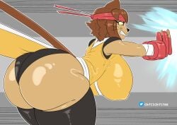 anthro ass ass_focus big_ass big_breasts chillchili fat_thighs gameoverse glitch_productions gray_background headband hype_ass hyper hyper_breasts karate_gi kit_(gameoverse) twitter_username