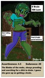 blightstar torn_clothes green_body zombie zombie_(minecraft) short_hair female heart-shaped_pupils brainless ripped_shirt asymmetrical_legwear standing game_screenshot screenshot_background minecraft rhyme nipples jeans pubic_hair_peek drooling open_mouth english_text tagme notes