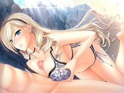 barefoot bikini blonde_hair blue_eyes blush breast_squeeze breasts celia_cumani_aintree censored cleavage feet female game_cg hairband highres huge_breasts kneeling komori_kei legs long_hair looking_up mizuno_takahiro paizuri penis smile solo_focus thighs toes walkure_romanze walkure_romanze_more_&_more