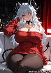 zani_(wuthering_waves) wuthering_waves cosplay yor_briar_(cosplay) spy_x_family red_sweater sweater pantyhose miyuai ai_generated ai_assisted thick_thighs thick_ass thick thick_legs thick_hips thick_butt wide_hips wide_thighs voluptuous voluptuous_female curvy curvy_figure curvaceous curvy_female female 1girl tail breasts demon_tail sitting huge_breasts earrings jewelry cleavage long_hair looking_at_viewer underwear rating:safe horns bare_shoulders smile thighband_pantyhose blush panties black_legwear choker silver_hair solo off_shoulder thighs bangs sitting_on_bed bed dress