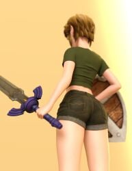 1boy 3d 3d_(artwork) 3d_model 3d_render back back_view booty booty_shorts boy butt clothed crop_top daz3d daz_studio femboy femboy_focus femboy_only feminine_body feminine_clothing feminine_male feminine_pose holding_shield holding_sword hot link not_porn petite petite_body petite_boy petite_femboy petite_male petite_twink the_legend_of_zelda twink zazkinkart
