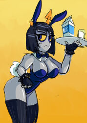 unknown_artist yellow_background simple_background homestuck homestuck_troll ms_paint_adventures equius_zahhak solo solo_female female female_only 1girls 1girl bunnysuit bow holding_object holding yellow_sclera blue_eyes frown short_hair hair broken_horn horns orange_horns bunny_tail legwear thighs thighhighs breasts cleavage big_breasts rule_63 crossgender genderswap genderswap_(mtf) tagme