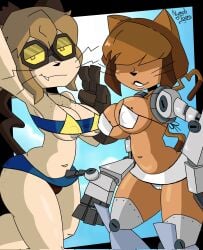 2girls anthro background_character background_characters bangs bangs_covering_eyes bangs_over_eyes bikini catgirl feline female female_only furry gameoverse glitch_productions heart_tail heart_tail_(gameoverse) nymphtoons0_0 robotic_arm scratch_(gameoverse) tina_(gameoverse) tina_bodega